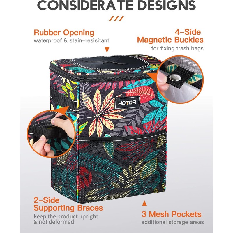 HOTOR Car Trash Can with Lid and Storage Pockets -