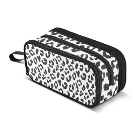 Sletend Pencil Case Big Capacity Leopard Print Black White Handheld 3 Compartments Pencil Pouch Portable Large Storage Canvas Pencil Bag for Boys Girls Adults Students