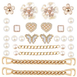Bling Shoe Charms Gold Shoes Decorations for Women Pearl Charm with Shoe Chains Cute Shoe Accessories Pink Flower Clog Shoe Charm