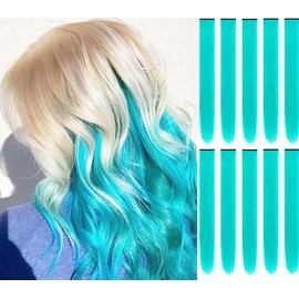 Hair Extensions Clip in,22 Inch Colored Hair Extensions Straight Hairpiece,Multi-colors Party Rainbow Long Straight Colored Long Synthetic Hair Extensions for Women Girls (10 PCS Teal Blue)