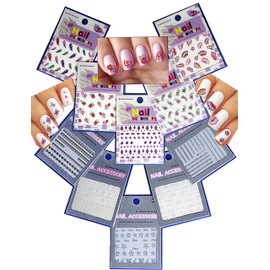 Adorable Nail Art 3D Stickers Strawberry Butterflies Feather White Sea Shells Star Fish Black & Silver Long Ornaments, Pack of 10