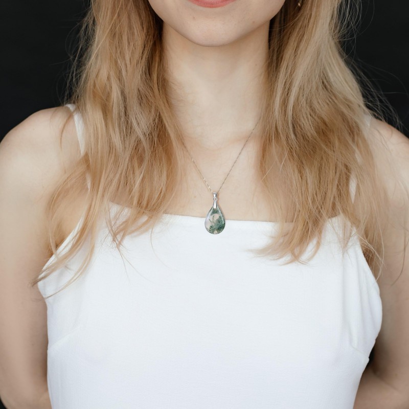 Coai 925s Moss Agate Pendant Necklace, Silver, Green