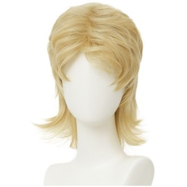 Amnenl Blonde Mullet Wig Mens Middle Part Short Hair Wig 80s Shoulder Length Layered Synthetic Shaggy Wigs for Cosplay Rocker Daily Use