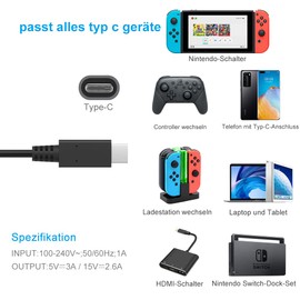 Power Supply for Switch/NS Switch, 15 V 2.6 A PD Type C Fast Charging Charger for Switch / Switch Lite / Switch Dock / Switch OLED / Switch Pro Controller Supports TV Mode / Handheld Docking Station