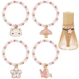 Cunno 4 Pcs Matcha Chasen Charm Decorative Chain Set with Japanese Style Cherry Blossom Charm Elastic Rope for Bamboo Matcha Whisk Tea Accessories Tea Party Decor Birthday Gift
