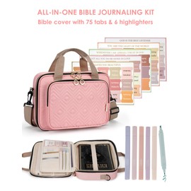 heouvo Bible Cover Case for Women, Large Bible Bag Carrying Case with Shoulder Strap, Bible Study Supplies Bible Journaling Kit Book Carrying Case with Bible Highlighters Tabs Gift for Lady (Pink)