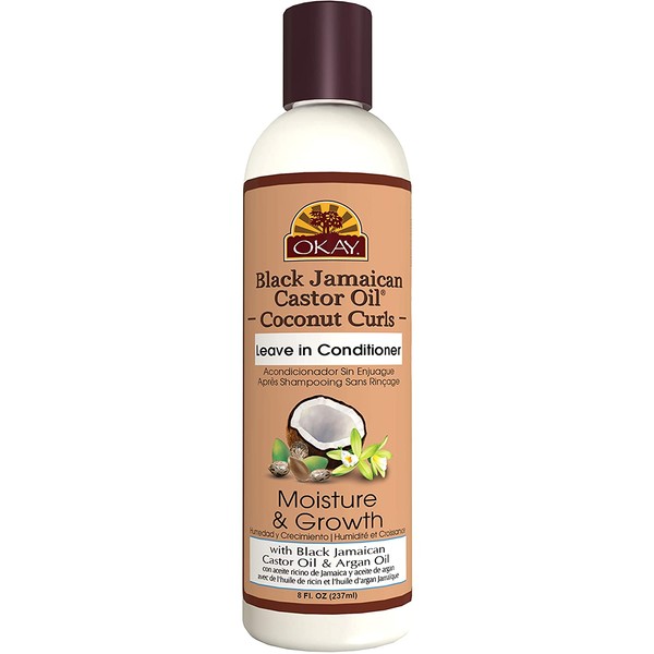 Okay Black Jamaican Castor Oil Coconut Curls Leave In Conditioner Helps Condition,Strengthen,and Regrow Hair Sulfate,Silicone,Paraben Free For All Hair Types and Textures Made in USA 8 oz