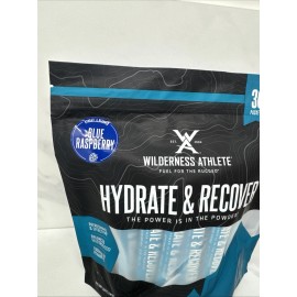 Wilderness Athlete Hydrate & Recover Powder 30 Packets Electrolyte Drink Mix Blue Raspberry 08/2027