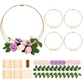 4 Pack 14" Floral Hoop Centerpiece with Stand, Metal Double Foral Hoop Centerpiece Kit with 12Flowers, 12Leaves, DIY Wreath Ring Stand for Table Decorations Wedding Baptism Party