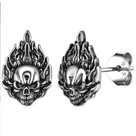 Suplight 925 Sterling Silver Flame Skull Earrings, Gothic Punk Holloween Skeleton Skull Stud Earrings for Men Women