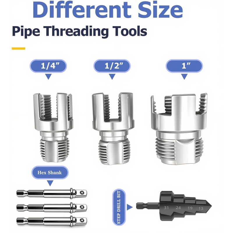 PVC Pipe Threader 7PCS Kit with Step Drill Bit, 1/2"