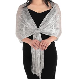 Stole for Evening Dress, Shiny Metal Scarf, Stole, Women's Festive Buckle Wrap Evening Dress, Women's Scarf for Evening, Bridesmaid, Gift, Silver, 50 x 175 cm with Tassel, silver