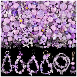170-230PCS Purple Assorted Acrylic Beads for Bracelet Making,Flower Bow Butterfly Candy Star Heart GummyBear Kawaii Bracelet Charms,Cute Beads for Jewelry Making DIY Necklace Keychain Phone Charms
