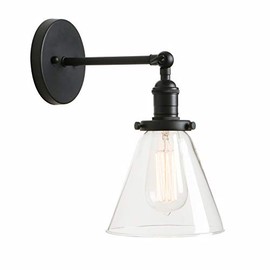 Permo Industrial Wall Sconce Lighting with On/Off Switch Funnel Flared Clear Glass Hand Blown Shade (Black)