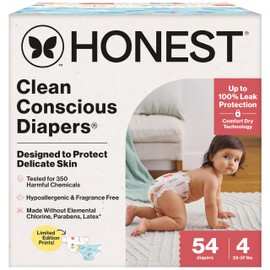 The Honest Company Clean Conscious Diapers for Sensitive Skin | Up to 100% Leakproof | Hypoallergenic, Fragrance Free | Summer '25 Limited Edition Prints | Club Box, Size 4 (22-37 lbs), 54 Count