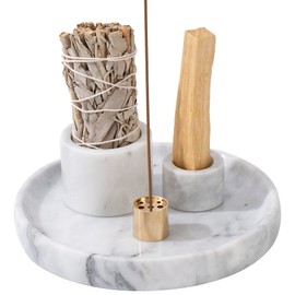 FasolaHome 4 in 1 Marble Incense Holder, Natural Marble Incense Burner for Meditation, 9 Incense Holes Suitable for Most Incense Types (White)