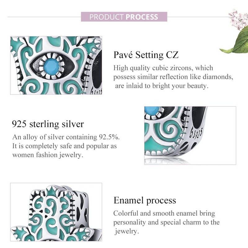 WOSTU Fatima Evil Eye Charm 925 Sterling Silver Enamel Lucky