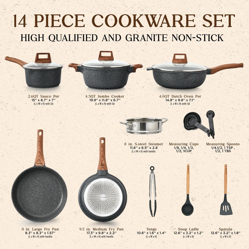 Bakken-Swiss 14-Piece Kitchen Cookware Set – Granite Non-Stick – Eco-Friendly