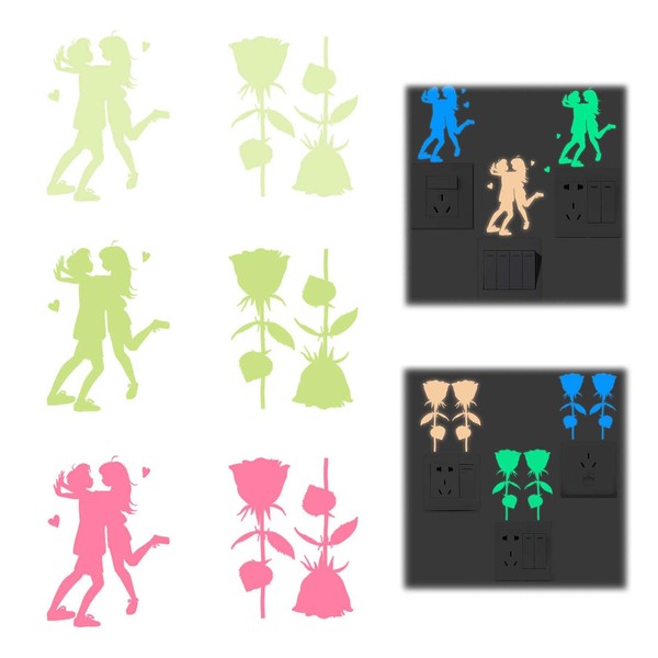 Glow in the Dark Stickers, Set of 6 Glow in the Dark Stickers, Roses Couples, Luminous Stickers, Cute 3 Colors for Switches, Luminous Stickers, Wall Stickers, Glow in the Dark DIY Switch Stickers, Removable, Glow in the Dark Wall Decor for Home Decor Kid