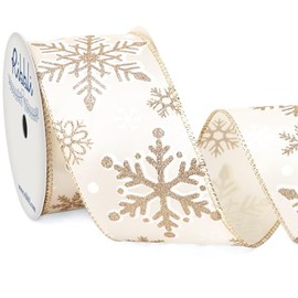 Ribbli Champagne Snowflake Wired Ribbon,White Satin with Big Glitter Snowflake Christmas Ribbon for Wreath ChritmasTree Decoration Gift Wrapping Home Decor, 2-1/2 Inch x 10 Yards