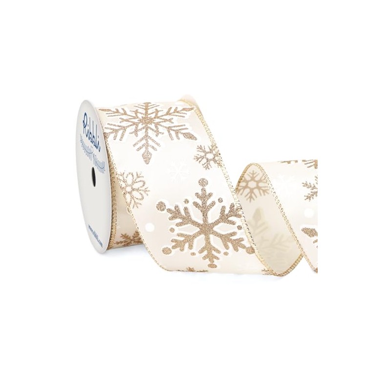 Ribbli Champagne Snowflake Wired Ribbon,White Satin with Big Glitter Snowflake