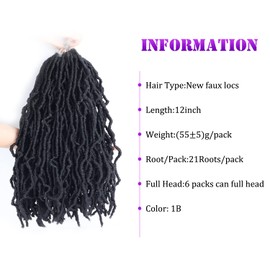 Faux Locs Crochet Hair 12 Inch Soft Locs Curly Wavy 6 Packs/Lot Pre-Looped Faux Locs Goddess Synthetic Fiber Hair Extensions (12 inch, 1B)