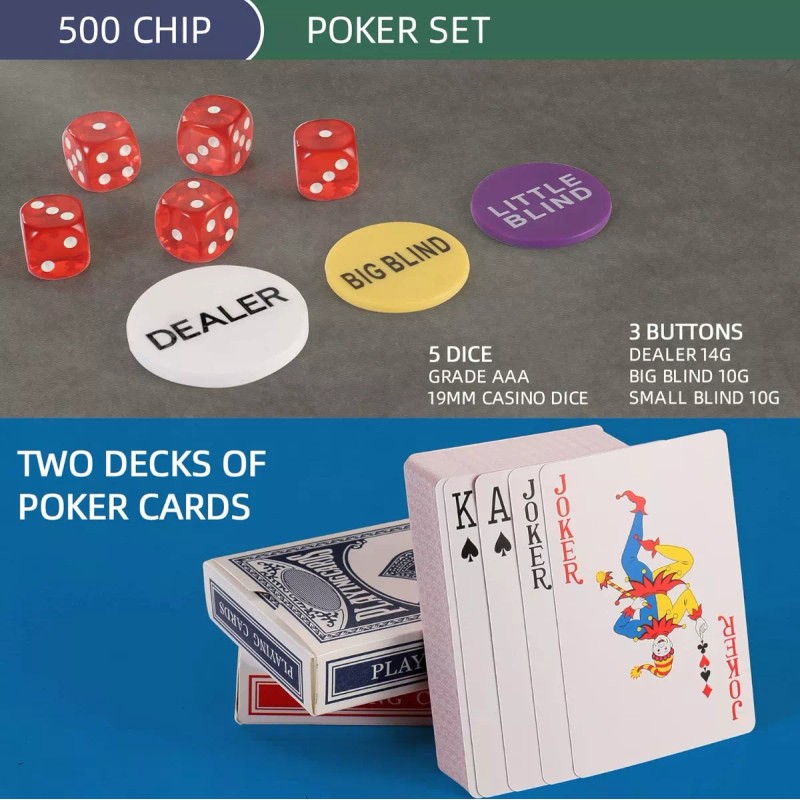 LUOBAO Set Poker 500 Fichas Holdem Blackjack Estuche Tela Rígida