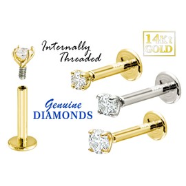 16G 14K White Gold 0.035ct Diamond Labret Monroe Stud 8mm Post Flat Disk Bottom Prong Set 2mm Genuine Round Brilliant Cut Diamond Lip Ring Tragus Stud 14KLBRT-2WD8WG