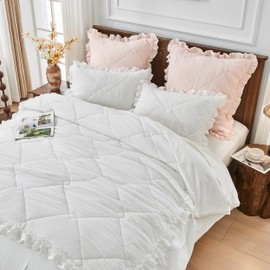Simple&Opulence 100% Cotton Quilted Duvet Cover Set, 2 PCS Muslin Ruffle Gauze Duvet Cover with 1 Pillow Sham Shabby Chic Frill Farmhouse Textured Hand Stitching Bedding Cover(White, Twin)