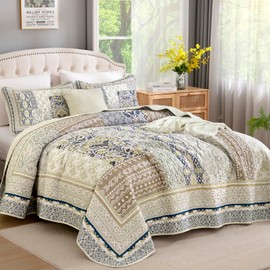 WONGS BEDDING Boho Quilt Set Queen, 3 Pieces Beige Patchwork Bedspread Coverlet Set,Soft Lightweight Microfiber Bohemian Floral Pattern Bedding Set for All Season (96"X90")