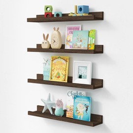 Forbena Rustic Picture Ledge Shelf Set of 4, Floating Picture Shelves for Wall with Lip, Wood Photo Ledge Shelves for Bedroom, Living Room, Office, Wall Decor (23.1 Inch Wide, Dark Brown)