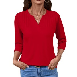 LOMON Womens Summer Tops Cute Solid Pleated 3/4 Length Sleeve Dressy Casual T Shirts Curved Hemline Shirts(Red,S)