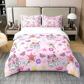 Princess Castle 100% Organic Cotton Comforter Cover Pink Girl Bow Duvet Cover Set Queen Size for Bedroom Watercolor Oil Paint Print Bedding Set with 2 Pillowcases