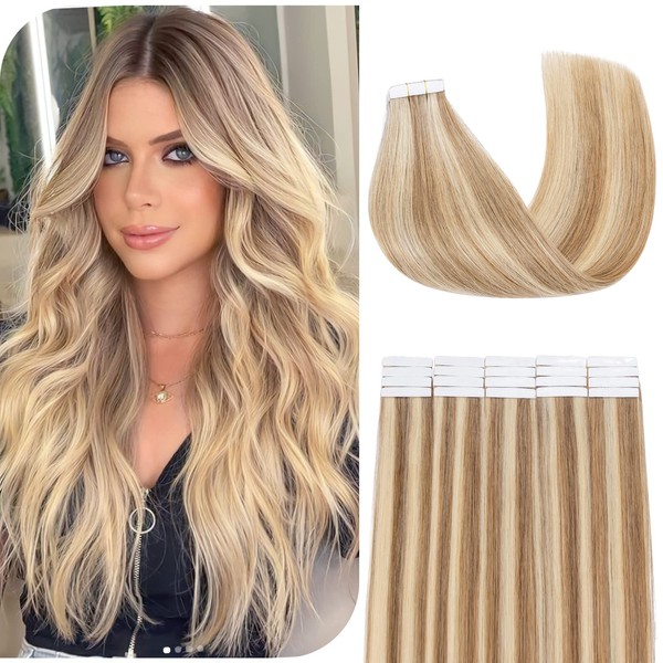 Benehair Tape-In Real Hair Extensions, 20 Pieces, 20 g Hair Extensions Tape, Invisible Tape Extensions, Tape-In Hair Extensions, Silky Soft Hair, 35 cm Flax Yellow Mixed Light Gold #12P613