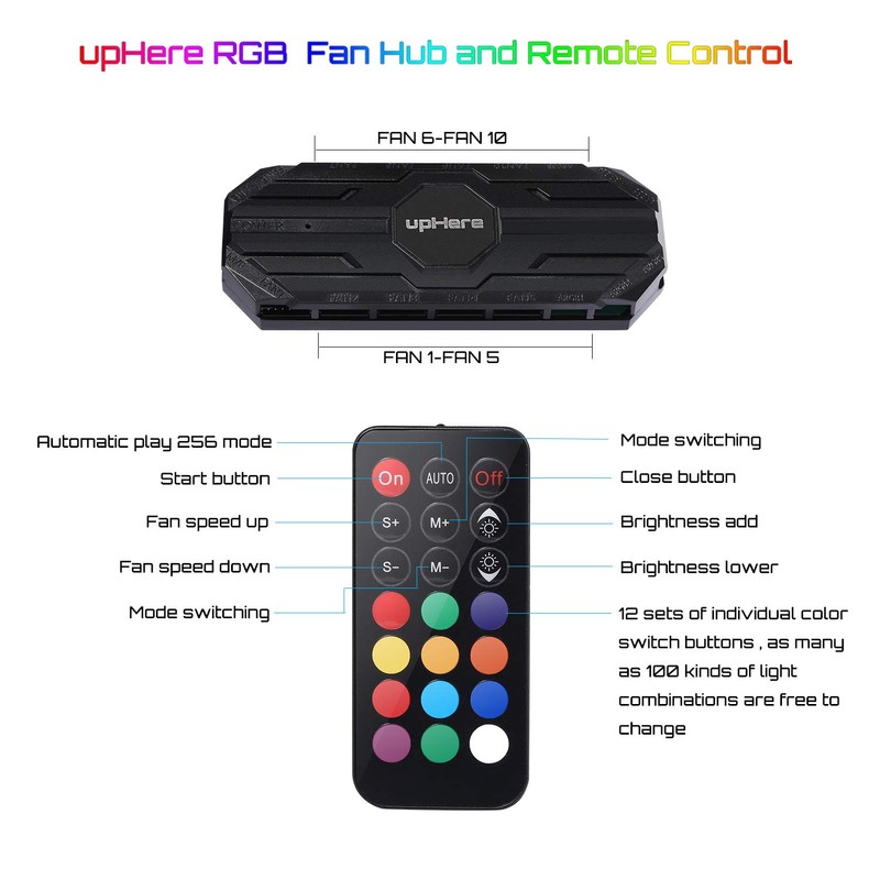 upHere 10-Port 6PIN SATA RGB Hub with 21-Key Remote Control/Splitter