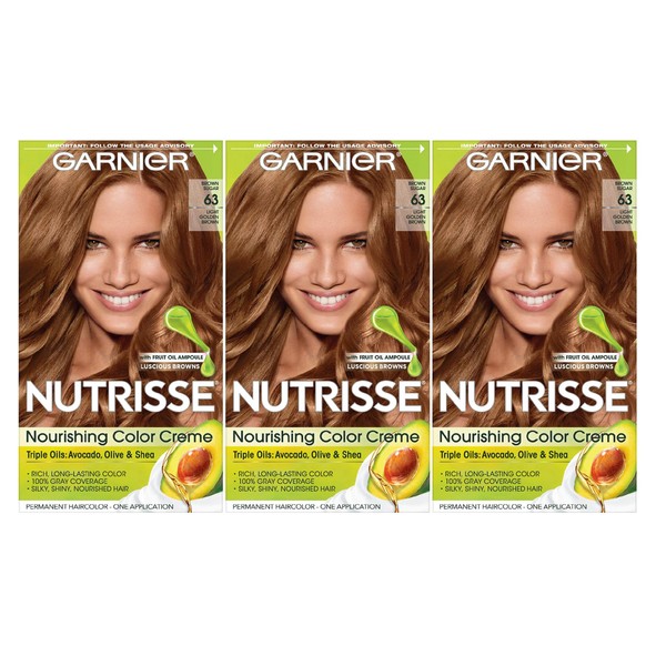 Garnier Nutrisse Nourishing Hair Color Creme, 63 Light Golden Brown (Brown Sugar), 3 Count (Packaging May Vary)