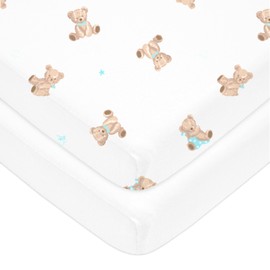 American Baby Company 2 Pack Fitted Mini Crib Sheet 24" x 38", Soft Breathable Neutral 100% Cotton Jersey Portable Sheet, Bear and White for Boys and Girls, Fits Most Pack N Play Mattresses