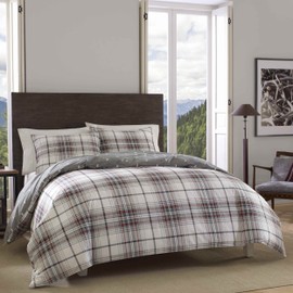 Eddie Bauer - Twin Comforter Set, Reversible Cotton Bedding with Matching Sham, Plaid Home Decor for All Seasons (Alder Grey/Red, Twin)