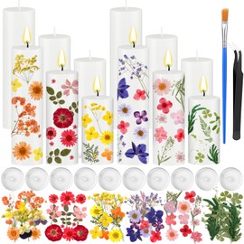 MTLEE 24 Pack Pressed Flower Candles Making Kit 6 White Pillar Candles 10 Tealight Candles 6 Set Pressed Flowers with Tweezer Brush for DIY Candles Crafts Birthday Wedding Centerpieces(4/6/8 Inch)