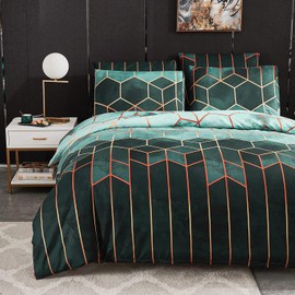 Freyamy Bed Linen 200 x 200 cm Green Geometric Checked Reversible Bed Linen Marble Modern Microfibre Double Bed Duvet Cover with Zip and 2 Pillowcases 80 x 80 cm