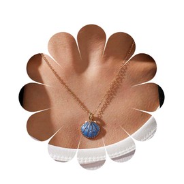 Cimenexe Bohemian Enamel Shell Choker Necklace Gold Scallop Pendant Necklace Blue Enamel Clam Shell Necklace Summer Seashell Necklace Jewelry for Women and Girls Gifts