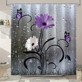 Boho Purple White Floral Shower Curtains, Rustic Daisy Flowers Butterfly Shower Curtain Set, Farmhouse Black Gray Fabric Bath Curtain for Bathroom Decor Waterproof Cloth with Hooks 72X72 Inch