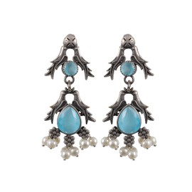 Indian Fashion Silver Oxidized Boho Ethnic Tribal Gypsy Traditional Pearl Jhumka Earrings (Blue1)