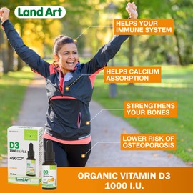 Land Art Certified Organic Vitamin D3 Drops - 490 servings - 1000 IU per drop - Immune System Support - Non-GMO - Gluten-Free - Made in Canada - 13.5 ml (Pack of 1)