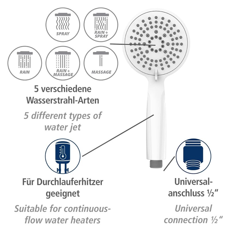 WENKO Young White Shower Head, Durable Universal Hand Shower, Trendy