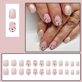 24 Pcs Aurora Pink Press on Nails Short Square - ZIFANHU Glitter Fake Nails Press ons Nail Tips Acrylic Nail Art Kit Glue on Nails Full Cover False Nails with Flowers Design Stick on Nails for Women