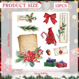 Christmas Rub on Transfers for Crafts - 12 Sheet Winter Rub on Transfer for Furniture Wood Glass, UV DTF Transfer, Wreath Cardinal Bird Envelope Candy Cane Design Festival Vibe Decor, 5.9 x 5.9 Inch