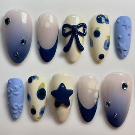 24 Pcs Almond Press on Nails Medium Full Cover 3D Butterfly False Nails with 3D Blue Star Rhinestone Shape Stick on Nails Artificial Acrylic Glossy Gradient French Tip Fake Nail for Women