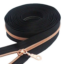 MebuZip #5 Rose Gold Metallic Nylon Coil Zippers by The Yard Bulk Coil Zipper Roll 10 Yards with 25pcs Pulls for DIY Sewing Craft Bags (Black)