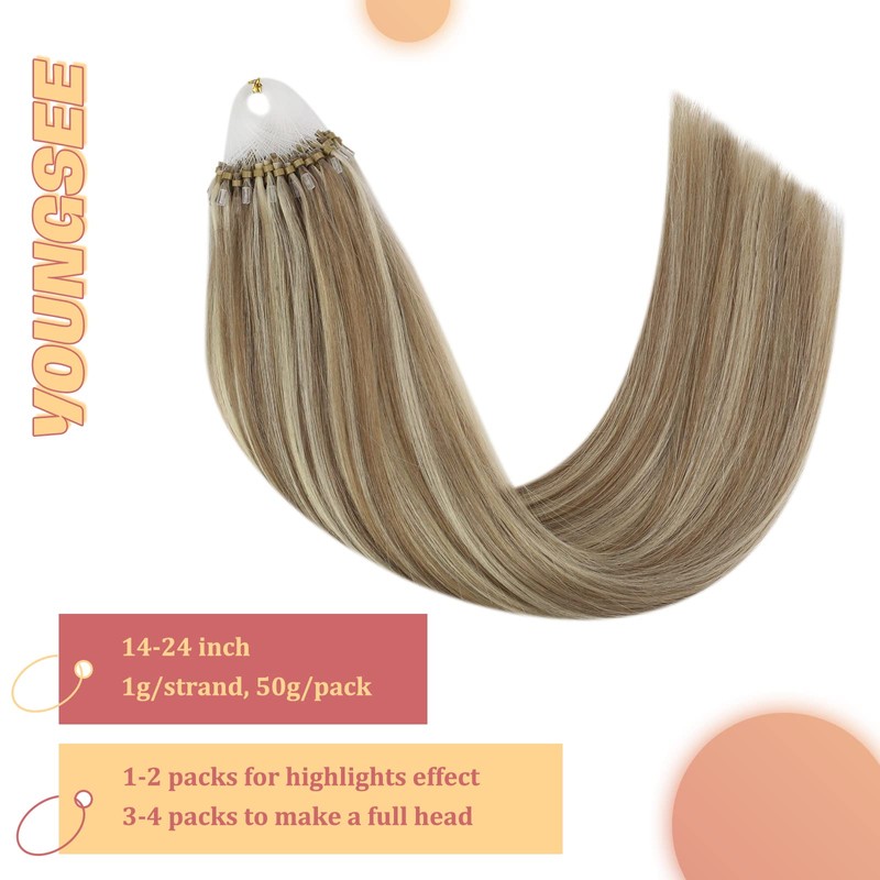 YoungSee Micro Ring Extensions, Real Hair, Light Brown, Micro Ring